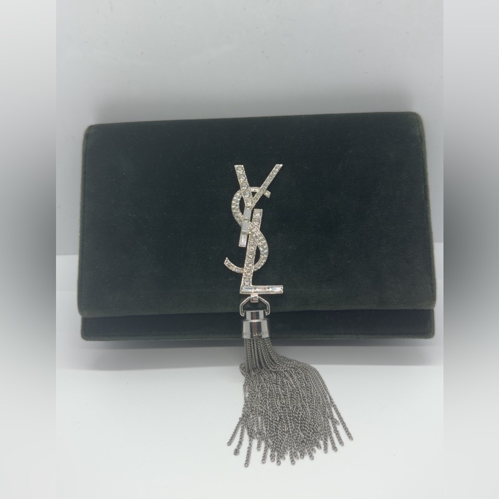 Yves Saint Laurent Dark Green Crystal Monogram Kate Tassel Clutch - Picture 2 of 7